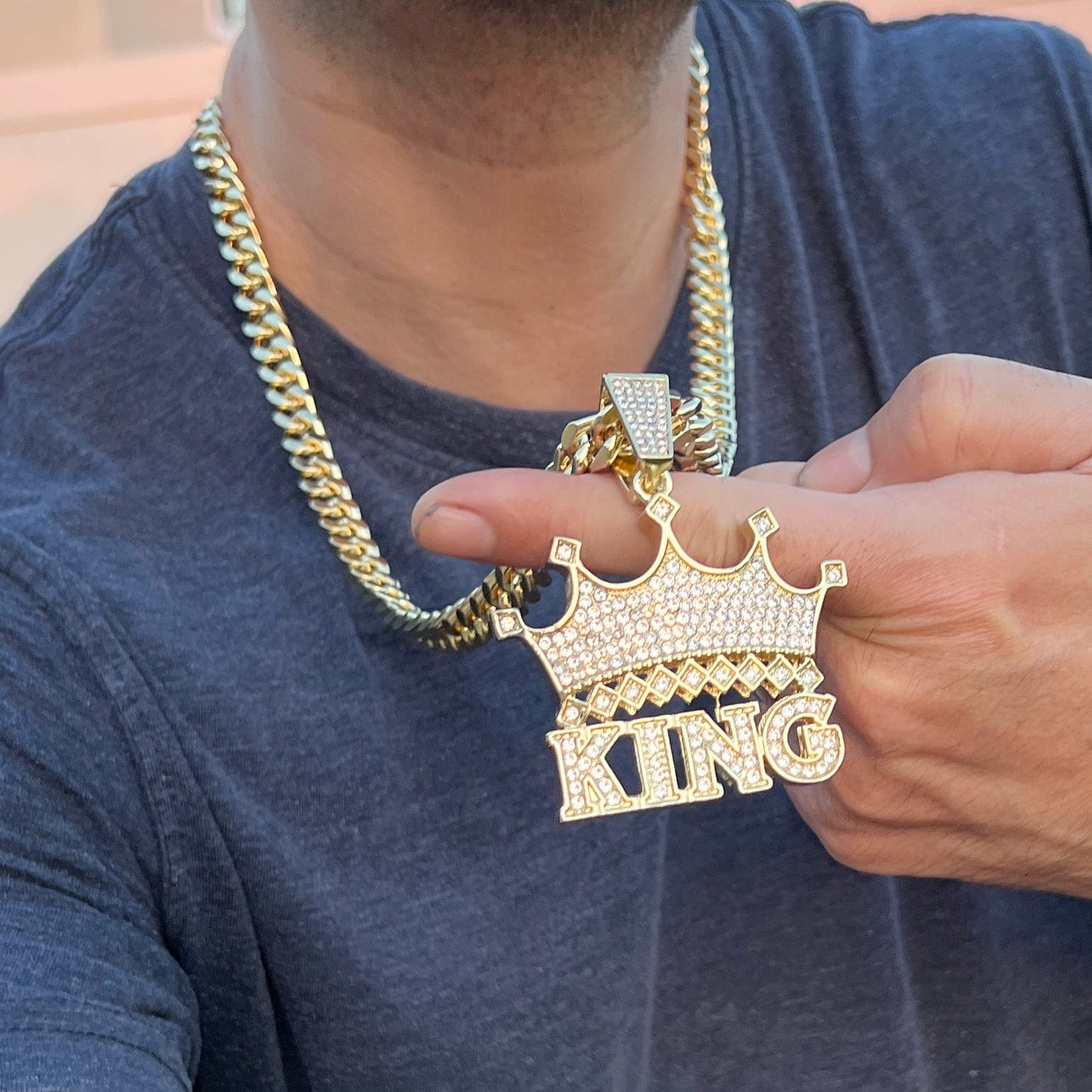 Crown King Pendant Cuban Link Chain Gold Finish Necklace 30