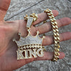 Crown King Pendant Cuban Link Chain Gold Finish Necklace 30"