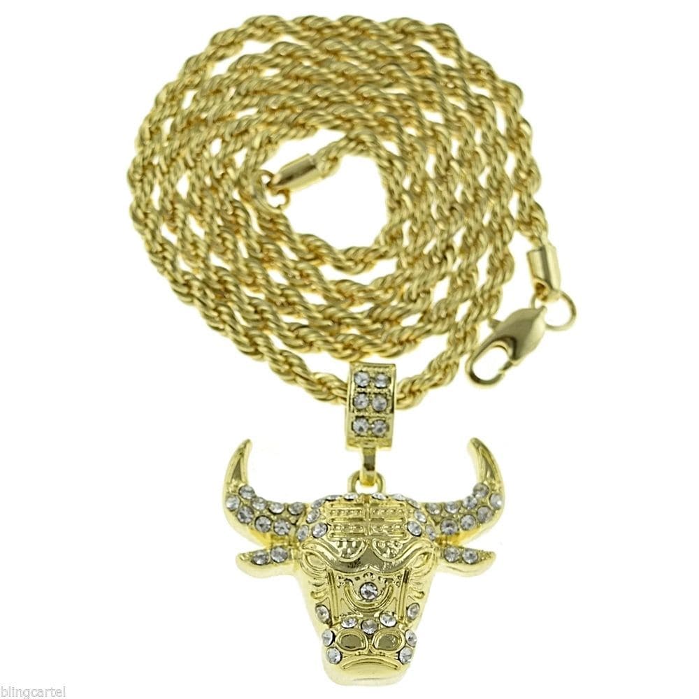 Gold Finish Bull Head Rope Chain Necklace 24