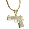 Gun Pistol Iced Pendant Gold Finish 36" Franco Chain Necklace