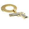 Gun Pistol Iced Pendant Gold Finish 36" Franco Chain Necklace