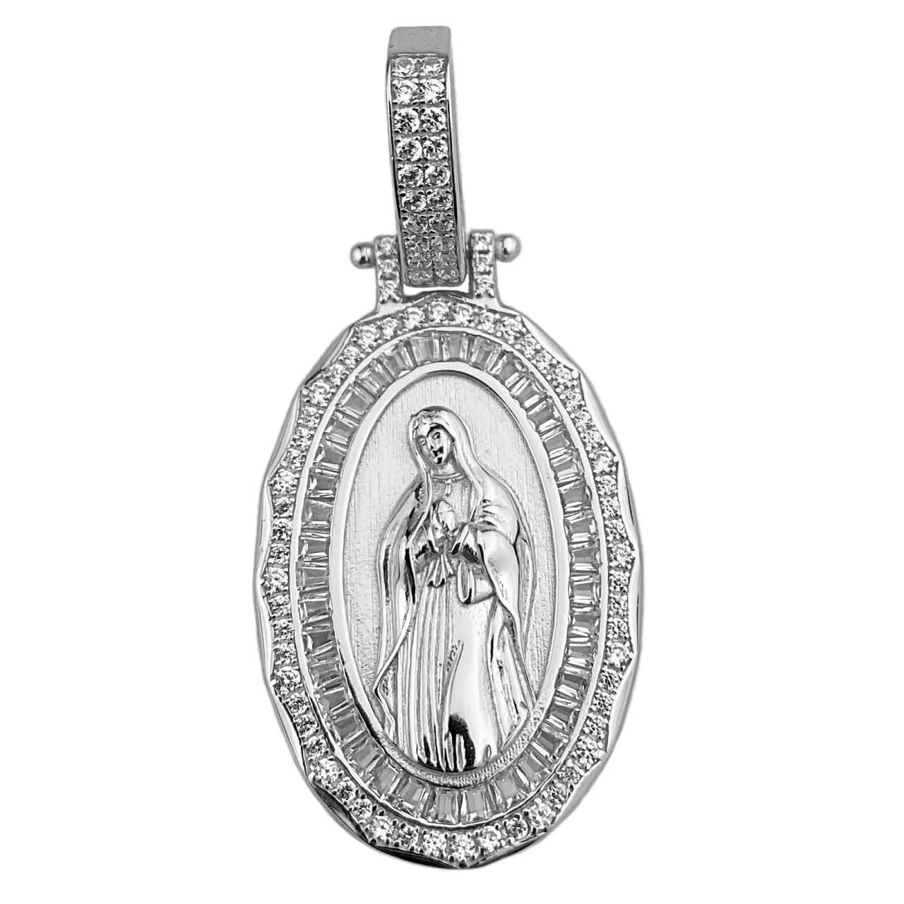 Virgin Mary La Virgen De Guadalupe CZ 925 Sterling Silver Oval Pendant