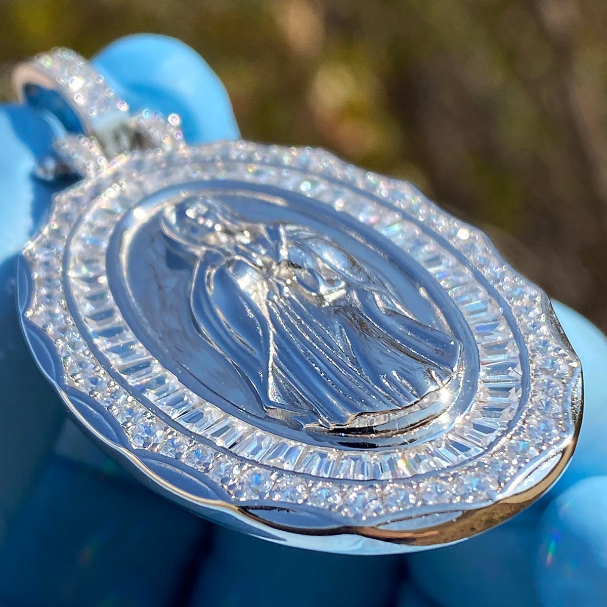 Bling Cartel Real 925 Sterling Silver La Virgen De Guadalupe Pendant - Oval Shroud With Iced CZ Stones, Micro Pave Setting