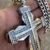 Huge Fully Iced Double Cross Silver Tone Cuban Chain Necklace 30"