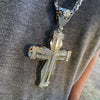 Huge Fully Iced Double Cross Silver Tone Cuban Chain Necklace 30"