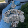 Huge "Get Money 1st" Cash Fist Jumbo Pendant Silver Tone Charm