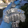 Huge "Get Money 1st" Cash Fist Jumbo Pendant Silver Tone Charm