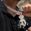 Huge Money Bag Pendant Iced CZ Silver Tone Cuban Link Chain Necklace 24"