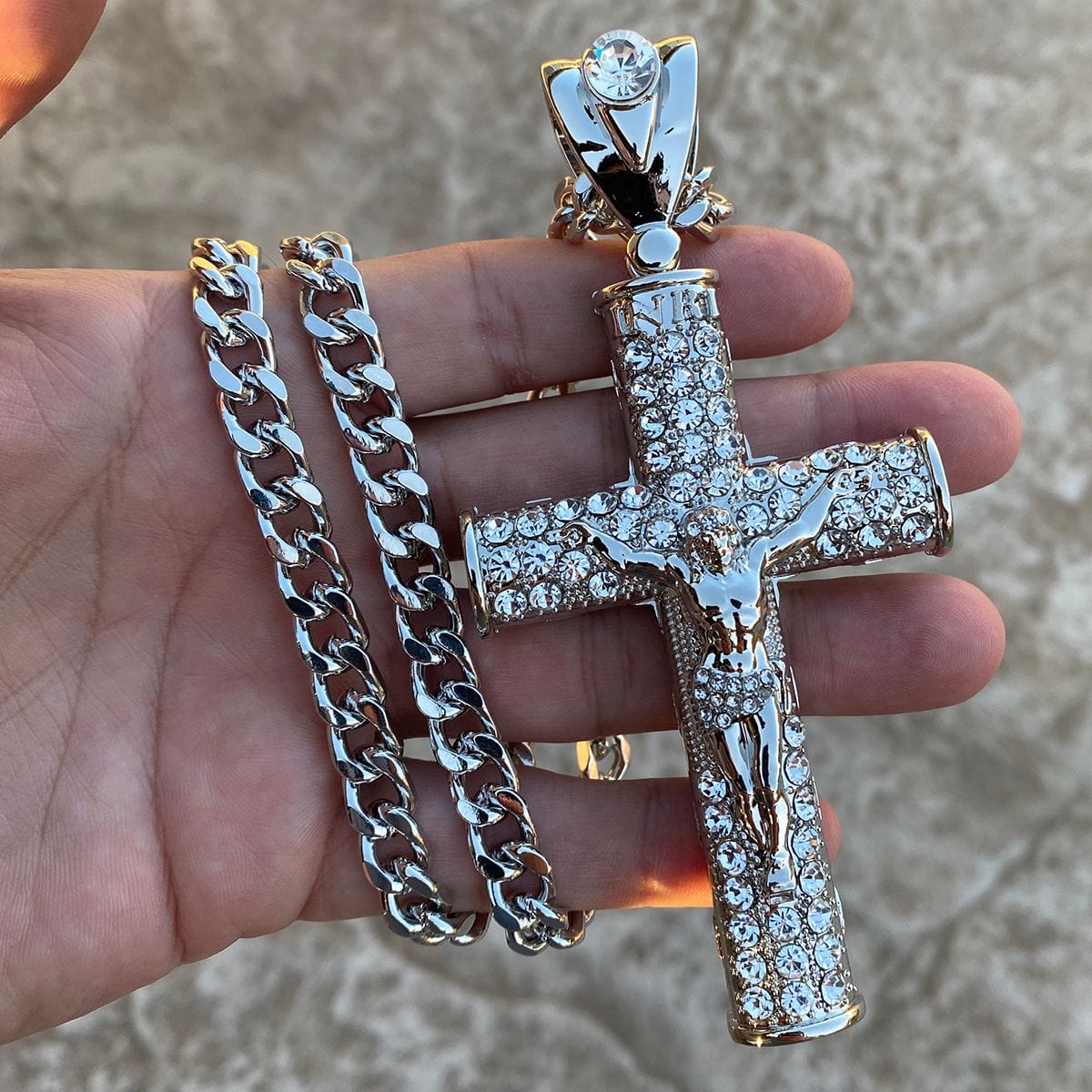 Huge Rounded Crucifix Cross Silver Tone Cuban Link Iced Chain Necklace