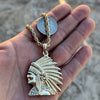 Indian Chief Head Necklace Iced Pendant Simulated CZ Gold Plated Rope Chain 24"