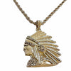 Indian Chief Head Necklace Iced Pendant Simulated CZ Gold Plated Rope Chain 24"