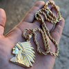 Indian Chief Head Necklace Iced Pendant Simulated CZ Gold Plated Rope Chain 24"