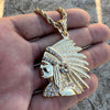 Indian Chief Head Necklace Iced Pendant Simulated CZ Gold Plated Rope Chain 24"