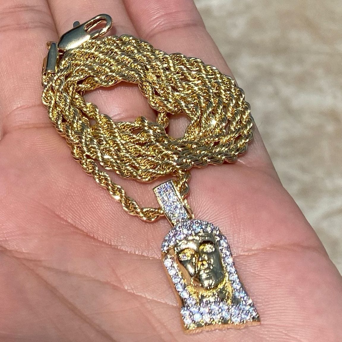 Jesus Rope Silver Chain Jesus Head Micro Pave Gold Finish Rope Chain Necklace 24