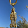 La Santa Muerte Iced Pendant Chain Gold Plated Stainless Steel Franco Necklace 36"