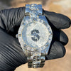 Men's Black Dollar $ Sign Symbol Old School Hip Hop Watch CZ Iced Silver Tone 8"