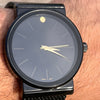 Men's Black Flat Band Round Dial Face Gold Finish Hands Watch