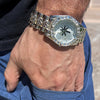 Men's Old School Geneva Black Marijuana Weed Leaf Watch CZ Iced Silver Tone 8"