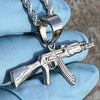 Men's Silver Tone Rope Chain 24" 3MM w/ Stainless Steel AK-47 Gun Rifle Pendant