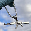 Men's Silver Tone Rope Chain 24" 3MM w/ Stainless Steel AK-47 Gun Rifle Pendant