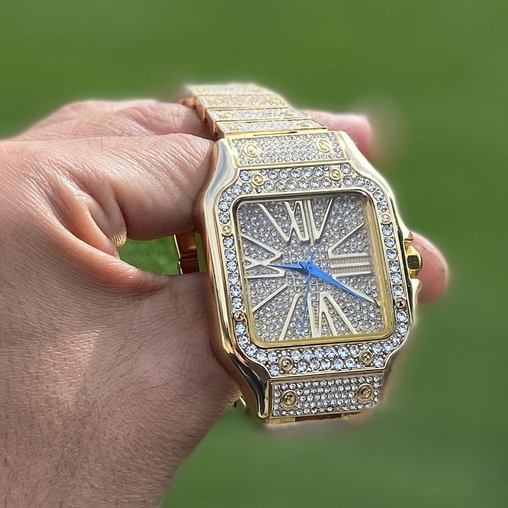Mens Big Hip Hop Watch Square Face Blue Hands Iced Gold Finish 8