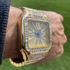 Mens Big Hip Hop Watch Square Face Blue Hands Iced Gold Finish  8"