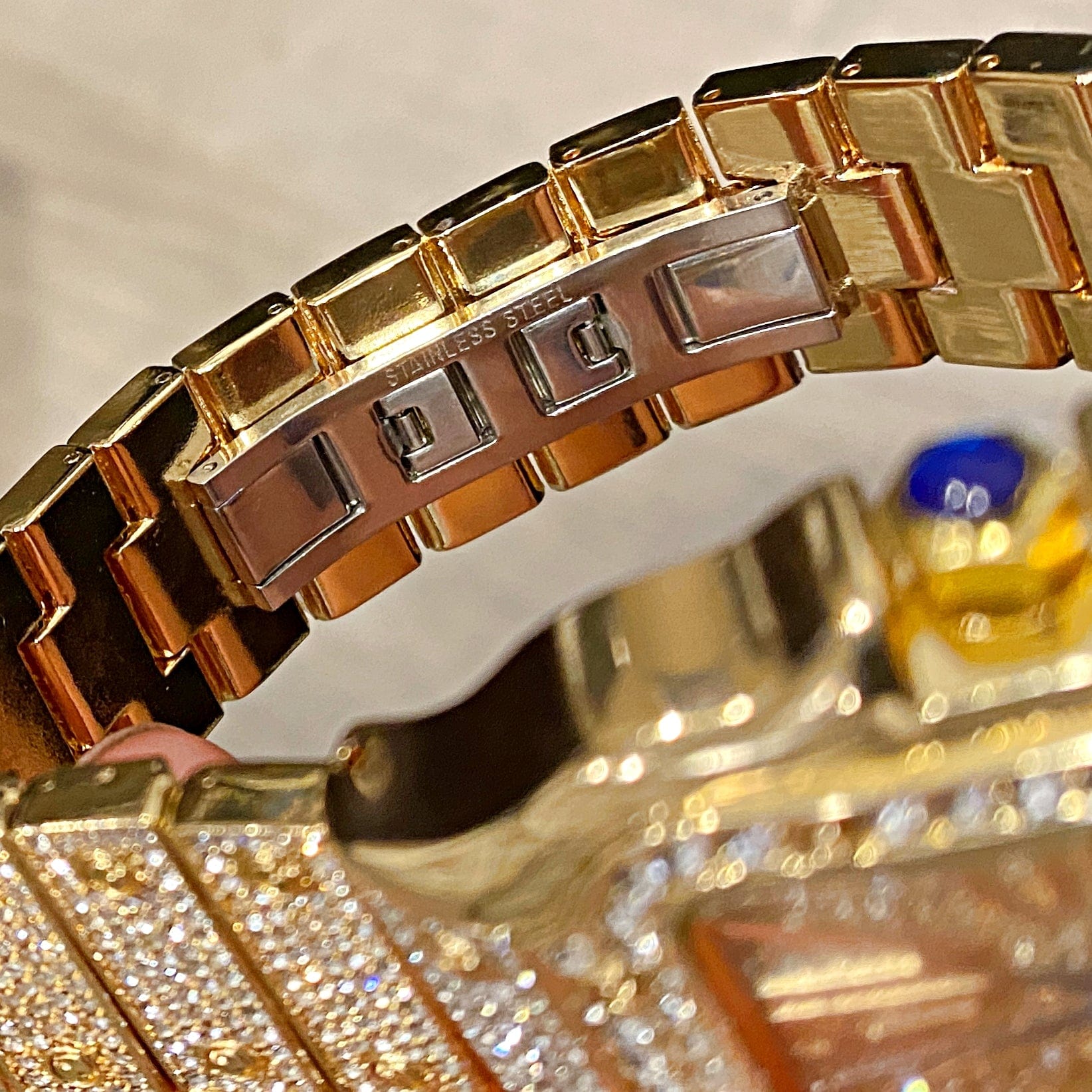 Mens Big Hip Hop Watch Square Face Blue Hands Iced Gold Finish 8