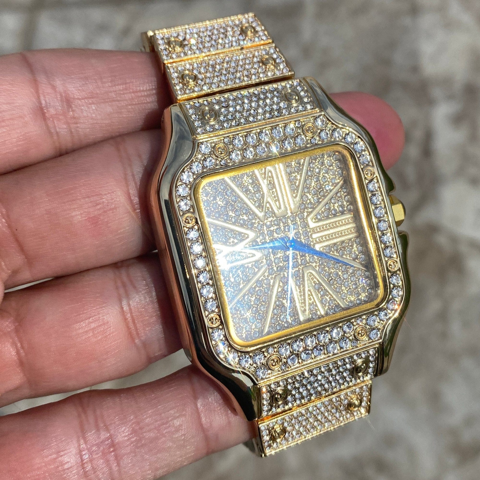 Mens Big Hip Hop Watch Square Face Blue Hands Iced Gold Finish 8