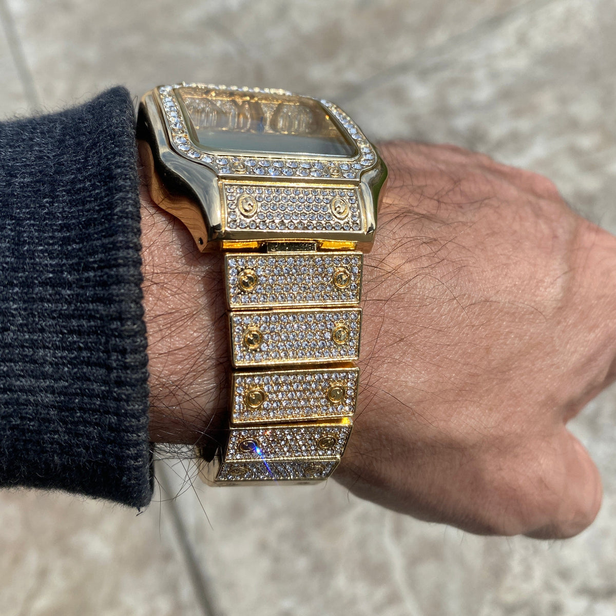 Mens Big Hip Hop Watch Square Face Blue Hands Iced Gold Finish 8
