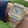 Mens Big Hip Hop Watch Square Face Blue Hands Iced Gold Finish  8"