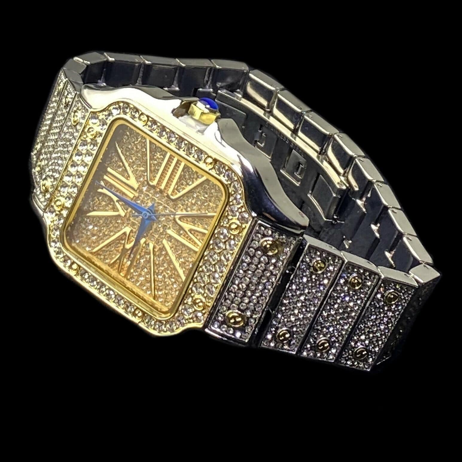 Mens Big Hip Hop Watch Square Face Blue Hands Two Tone 8