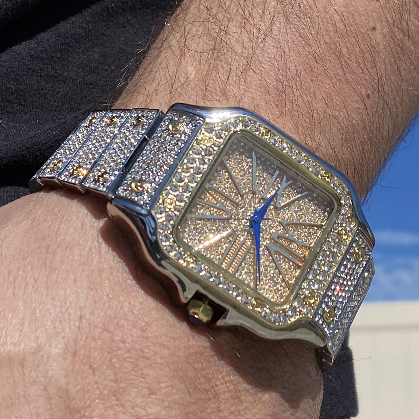 Mens Big Hip Hop Watch Square Face Blue Hands Two Tone 8