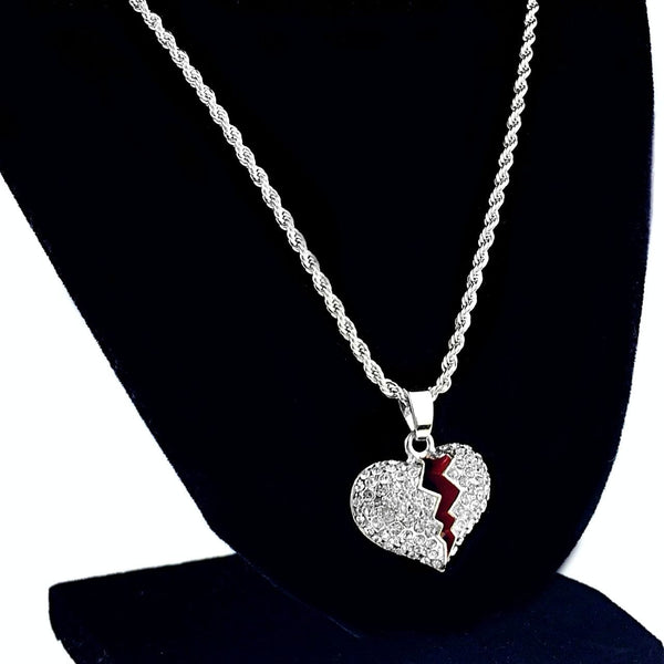 Micro Broken Heart Pendant Silver Tone Rope Chain Necklace 24