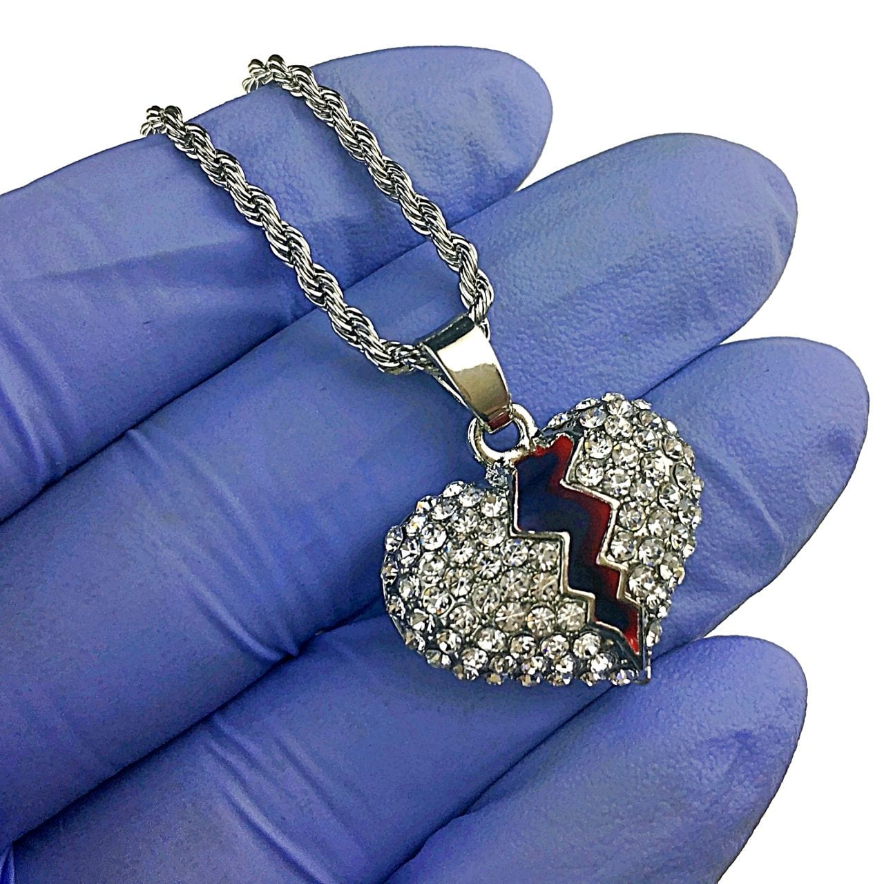 Micro Broken Heart Pendant Silver Tone Rope Chain Necklace 24