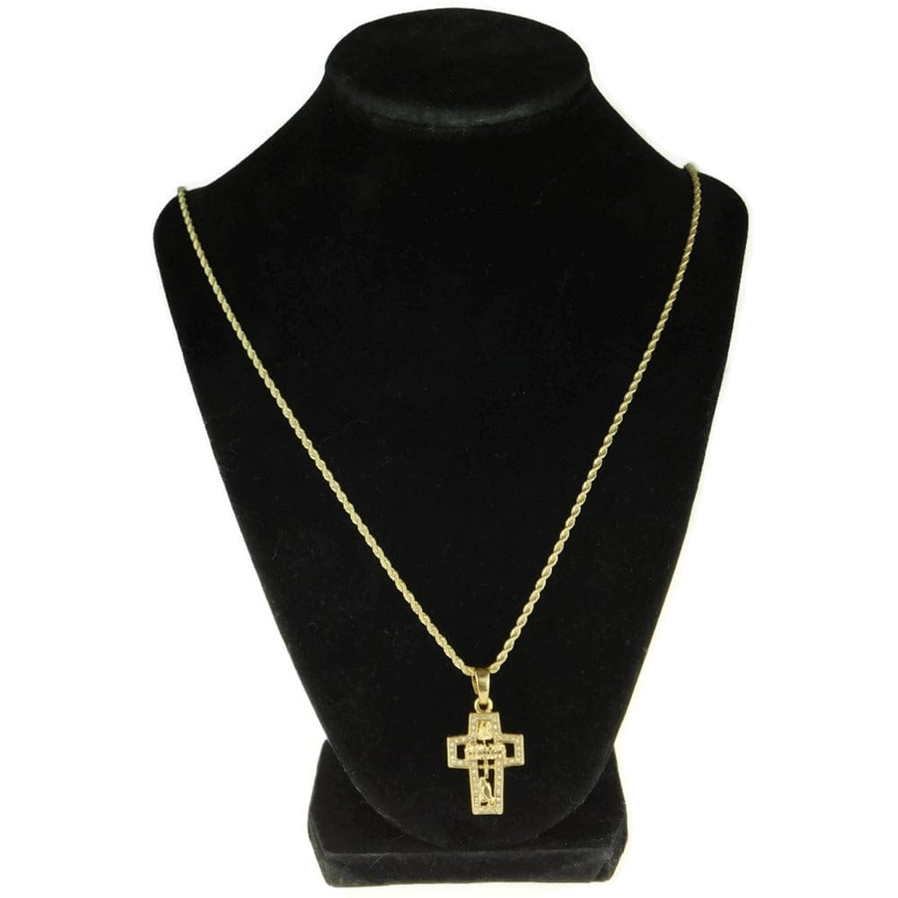 thumbnail interactive-video image 1 of 14k Gold Plated Cross Pendant With CZ & 24/30 Inch Rope Chain Set – Men's 2-Piece Combo 1 of 3
