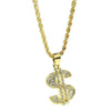 Micro Dollar Sign Iced Pendant Rope Gold Finish Chain Necklace 24"