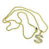 Micro Dollar Sign Iced Pendant Rope Gold Finish Chain Necklace 24"