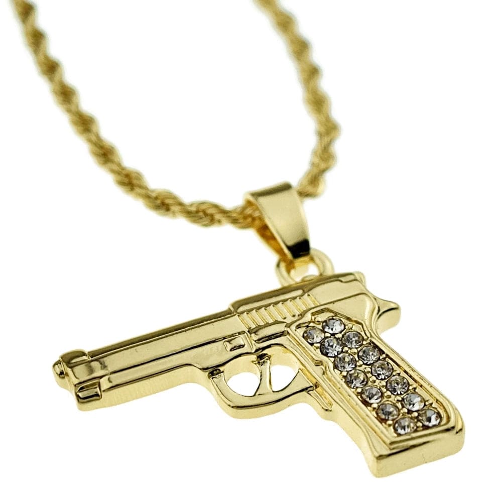 Micro Gun Pistol Iced Pendant Rope Chain Gold Finish Necklace 24