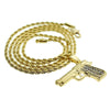 Micro Gun Pistol Iced Pendant Rope Chain Gold Finish Necklace 24"