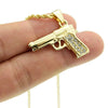 Micro Gun Pistol Iced Pendant Rope Chain Gold Finish Necklace 24"