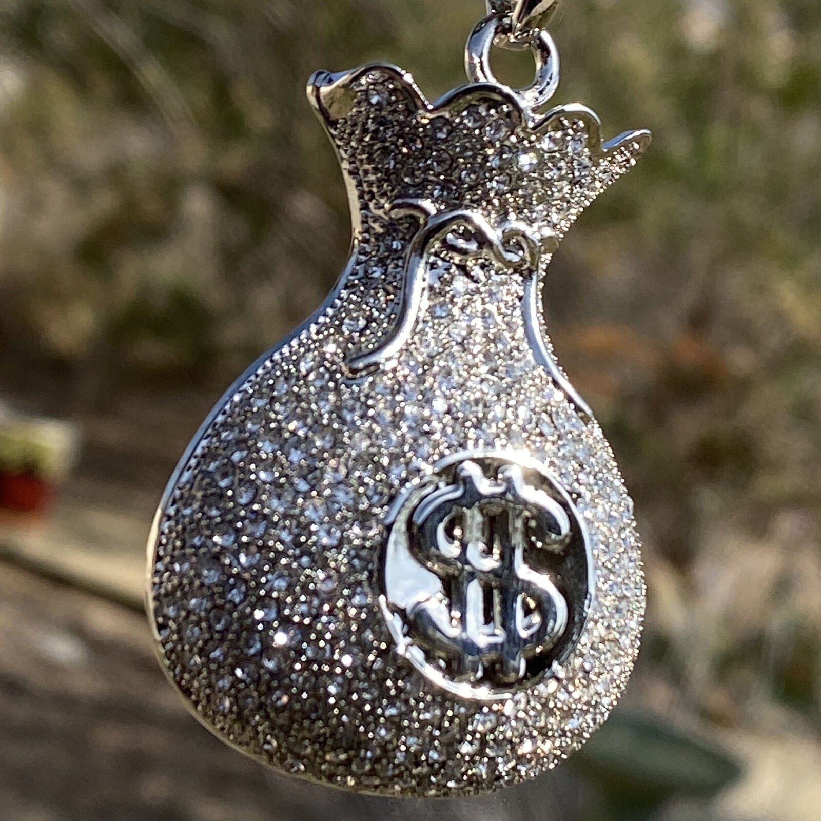 Money Bag Chain Hip Hop Pendant Silver Tone Iced Rope Necklace 24