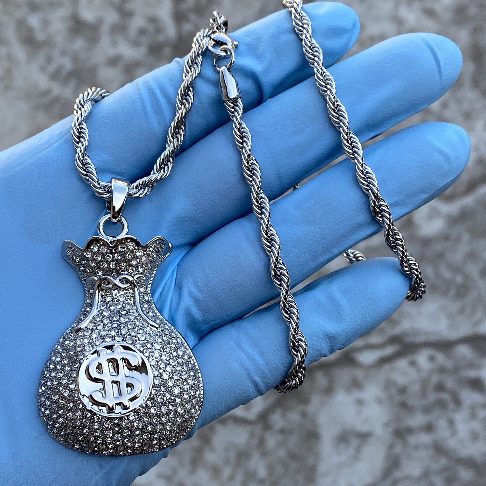 Money Bag Chain Hip Hop Pendant Silver Tone Iced Rope Necklace 24