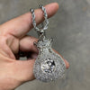 Money Bag Chain Hip Hop Pendant Silver Tone Iced Rope Necklace 24"