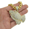 Praying Hands Flooded Iced Pendant Gold Finish Cuban Chain 30"