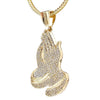 Praying Hands Iced Pendant Gold Finish 36" Franco Chain Necklace