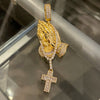 Praying Hands w/Cross Iced Pendant Gold Finish over 925 Silver