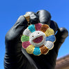 Rainbow Flower Happy Face CZ Pendant Gold Plated Medallion 40mm