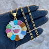 Rainbow Flower Happy Face CZ Pendant Gold Plated Stainless Steel Cuban Chain 24"