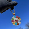 Rainbow Flower Happy Face CZ Pendant Gold Plated Stainless Steel Cuban Chain 24"