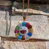 Rainbow Flower Happy Face CZ Pendant Gold Plated Stainless Steel Cuban Chain 24"